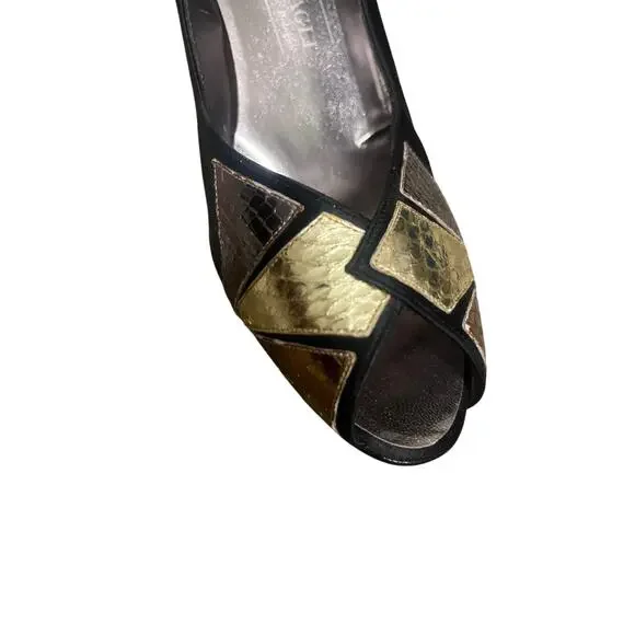 Vintage: Bruno Magli & Metallic Patchwork Peep Toe Pumps & Black Satin - Picture 2 of 6